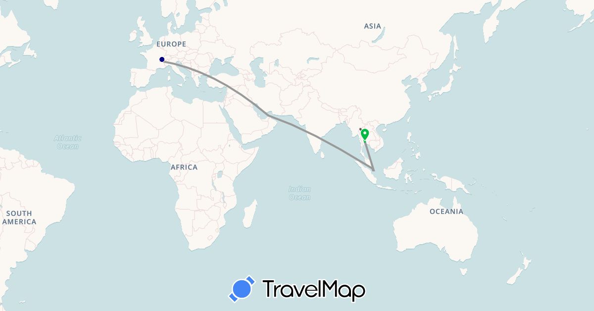TravelMap itinerary: driving, bus, plane, hiking, boat, motorbike in United Arab Emirates, Australia, France, Indonesia, Singapore, Thailand (Asia, Europe, Oceania)